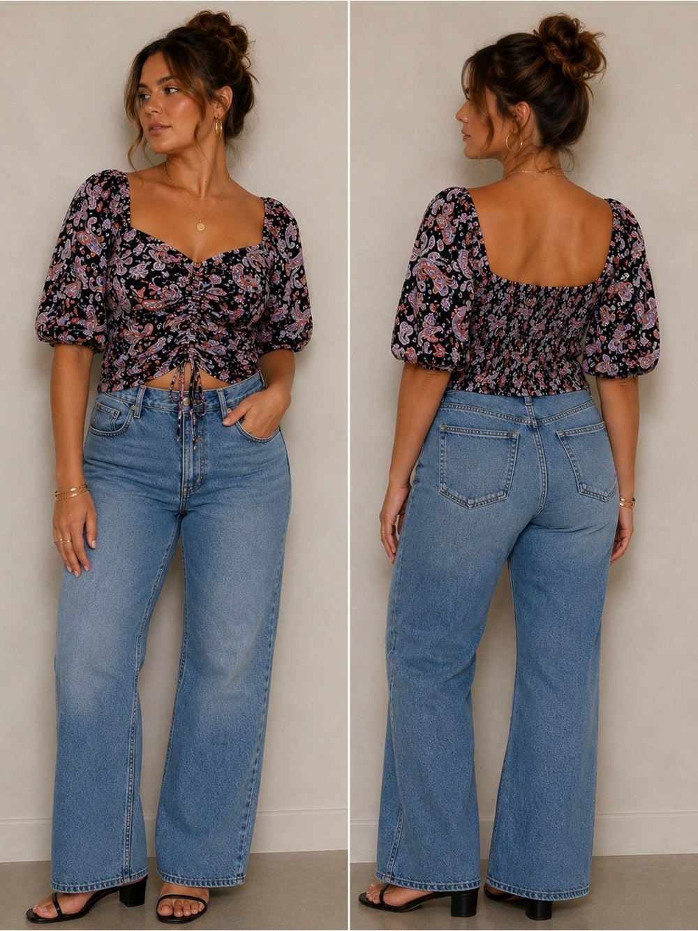 Vylette | Black Floral Puff-Sleeve Ruched Crop Blouse